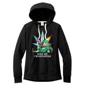 Kiss Me IM Highrish Leprechaun Weed Leaf St Patricks Day Women's Fleece Hoodie