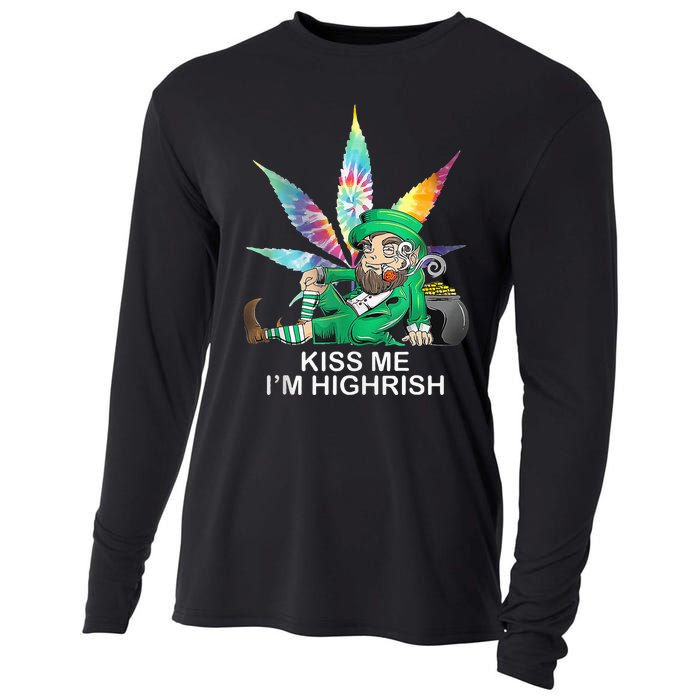 Kiss Me IM Highrish Leprechaun Weed Leaf St Patricks Day Cooling Performance Long Sleeve Crew