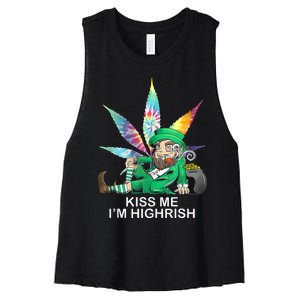 Kiss Me IM Highrish Leprechaun Weed Leaf St Patricks Day Women's Racerback Cropped Tank