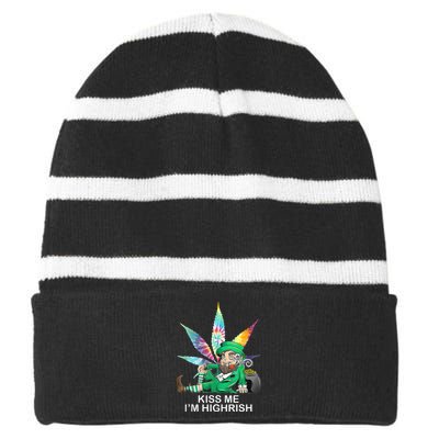 Kiss Me IM Highrish Leprechaun Weed Leaf St Patricks Day Striped Beanie with Solid Band