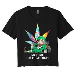 Kiss Me IM Highrish Leprechaun Weed Leaf St Patricks Day Women's Crop Top Tee