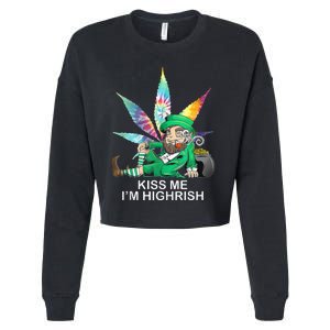 Kiss Me IM Highrish Leprechaun Weed Leaf St Patricks Day Cropped Pullover Crew