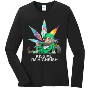 Kiss Me IM Highrish Leprechaun Weed Leaf St Patricks Day Ladies Long Sleeve Shirt