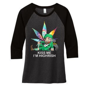 Kiss Me IM Highrish Leprechaun Weed Leaf St Patricks Day Women's Tri-Blend 3/4-Sleeve Raglan Shirt