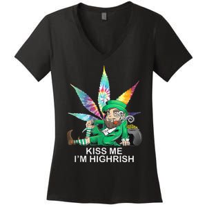 Kiss Me IM Highrish Leprechaun Weed Leaf St Patricks Day Women's V-Neck T-Shirt