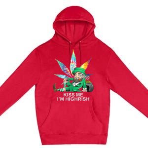 Kiss Me IM Highrish Leprechaun Weed Leaf St Patricks Day Premium Pullover Hoodie