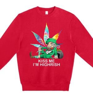 Kiss Me IM Highrish Leprechaun Weed Leaf St Patricks Day Premium Crewneck Sweatshirt