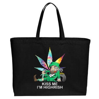 Kiss Me IM Highrish Leprechaun Weed Leaf St Patricks Day Cotton Canvas Jumbo Tote