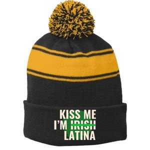 Kiss Me Im Irish Latina Funny Hispanic St Patricks Day Stripe Pom Pom Beanie