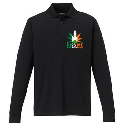 Kiss Me IM Highrish Weed Canabis St PatrickS Day Stoner Performance Long Sleeve Polo