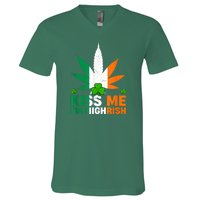 Kiss Me IM Highrish Weed Canabis St PatrickS Day Stoner V-Neck T-Shirt