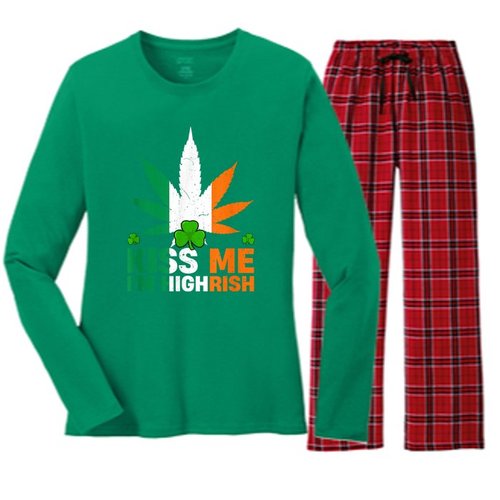 Kiss Me IM Highrish Weed Canabis St PatrickS Day Stoner Women's Long Sleeve Flannel Pajama Set 