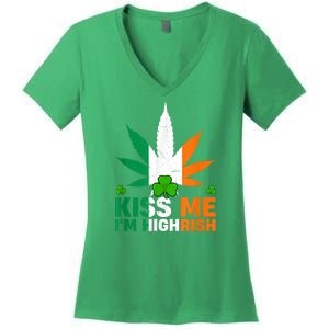 Kiss Me IM Highrish Weed Canabis St PatrickS Day Stoner Women's V-Neck T-Shirt