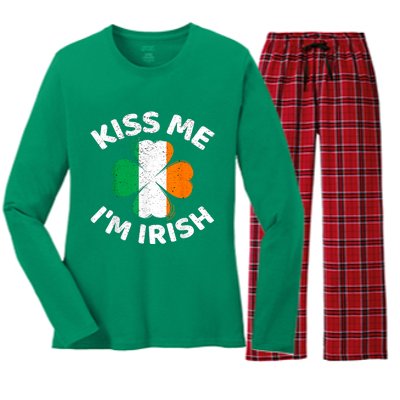 Kiss Me Im Irish Vintage Saint Patrick Day Women's Long Sleeve Flannel Pajama Set 