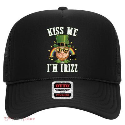 Kiss Me IM Irizz Irish Rizz St Patricks Day Shamrock Funny High Crown Mesh Back Trucker Hat