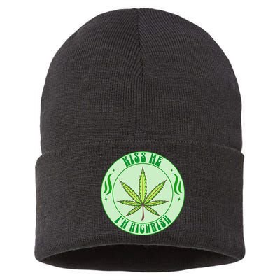 Kiss Me I'm Highrish St Patrick's Day Weed Stoner Sustainable Knit Beanie
