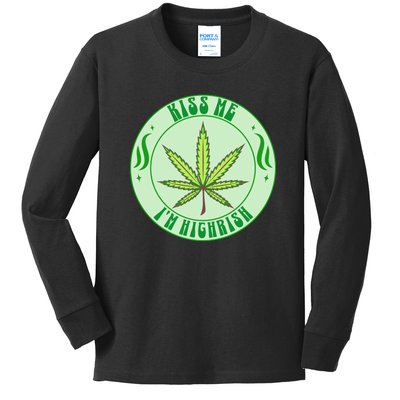 Kiss Me I'm Highrish St Patrick's Day Weed Stoner Kids Long Sleeve Shirt