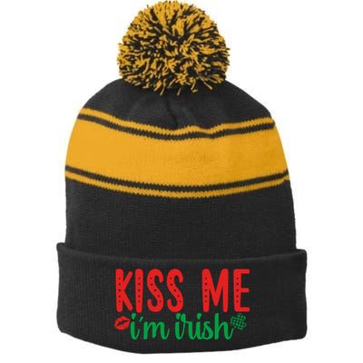 Kiss Me I'm Irish Funny St Patricks Day Stripe Pom Pom Beanie