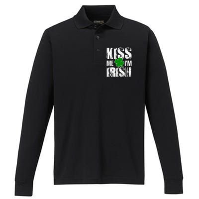 Kiss Me I'm Irish Clover Saint Patrick's Day Gift Performance Long Sleeve Polo