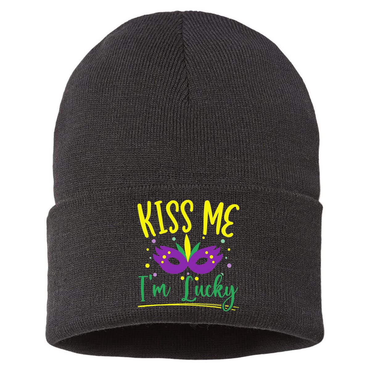 Kiss Me I'm Lucky Mardi Gras Parade Masquerade  Sustainable Knit Beanie