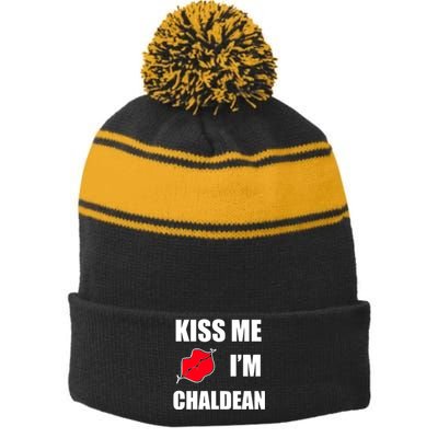 Kiss Me Im Chaldean Stripe Pom Pom Beanie