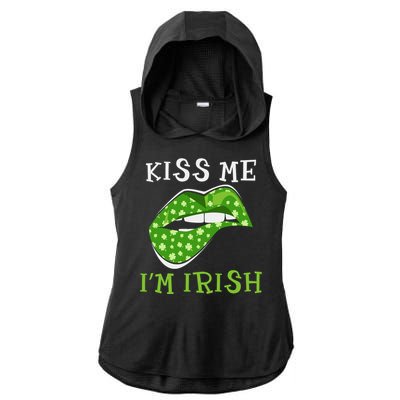 Kiss Me I'm Irish Clover Lips St Patricks Day Ladies PosiCharge Tri-Blend Wicking Draft Hoodie Tank