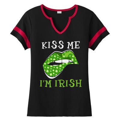 Kiss Me I'm Irish Clover Lips St Patricks Day Ladies Halftime Notch Neck Tee