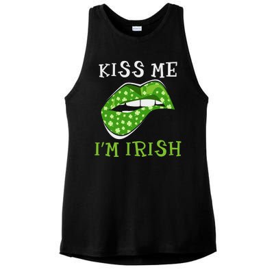 Kiss Me I'm Irish Clover Lips St Patricks Day Ladies PosiCharge Tri-Blend Wicking Tank