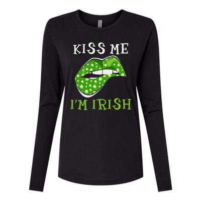 Kiss Me I'm Irish Clover Lips St Patricks Day Womens Cotton Relaxed Long Sleeve T-Shirt