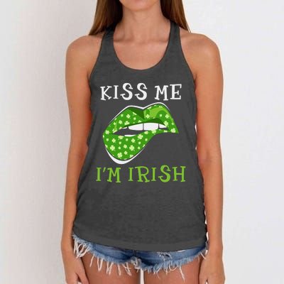 Kiss Me I'm Irish Clover Lips St Patricks Day Women's Knotted Racerback Tank