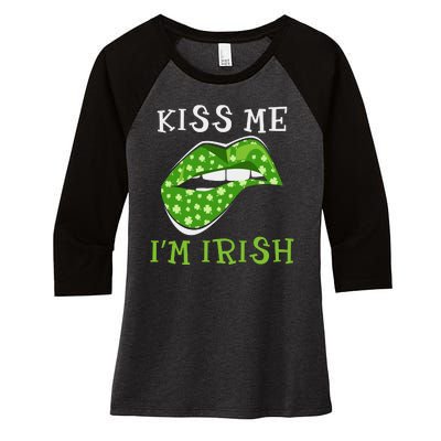 Kiss Me I'm Irish Clover Lips St Patricks Day Women's Tri-Blend 3/4-Sleeve Raglan Shirt