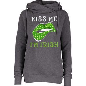 Kiss Me I'm Irish Clover Lips St Patricks Day Womens Funnel Neck Pullover Hood