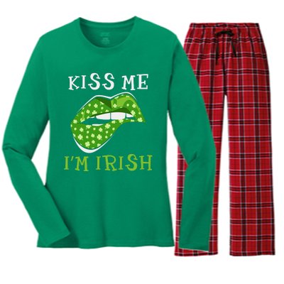 Kiss Me I'm Irish Clover Lips St Patricks Day Women's Long Sleeve Flannel Pajama Set 