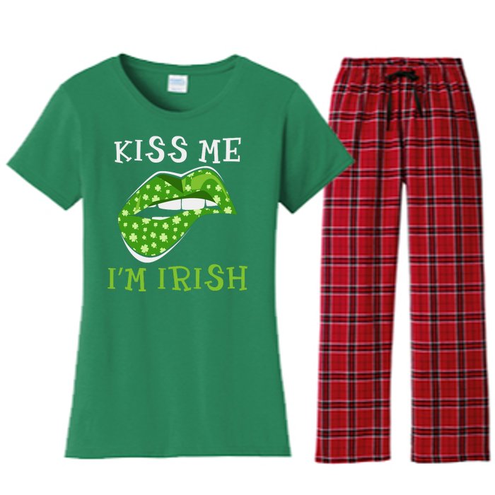 Kiss Me I'm Irish Clover Lips St Patricks Day Women's Flannel Pajama Set