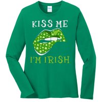 Kiss Me I'm Irish Clover Lips St Patricks Day Ladies Long Sleeve Shirt