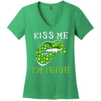 Kiss Me I'm Irish Clover Lips St Patricks Day Women's V-Neck T-Shirt