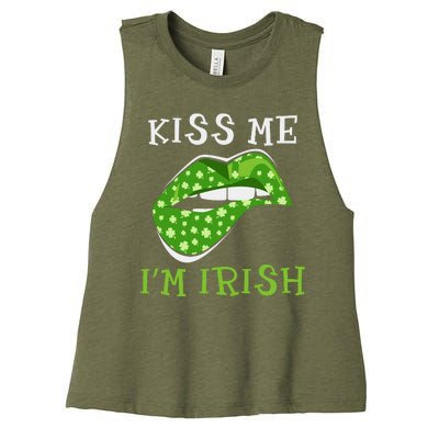 Kiss Me I'm Irish Clover Lips St Patricks Day Women's Racerback Cropped Tank