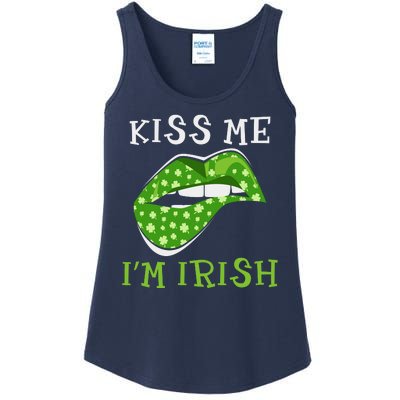 Kiss Me I'm Irish Clover Lips St Patricks Day Ladies Essential Tank