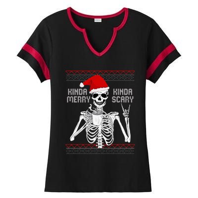 Kinda Merry Kinda Scary Ugly Christmas Sweater Skeleton Ladies Halftime Notch Neck Tee