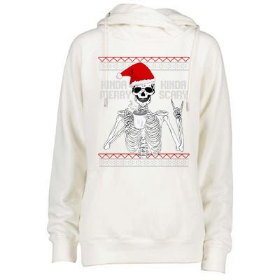 Kinda Merry Kinda Scary Ugly Christmas Sweater Skeleton Womens Funnel Neck Pullover Hood