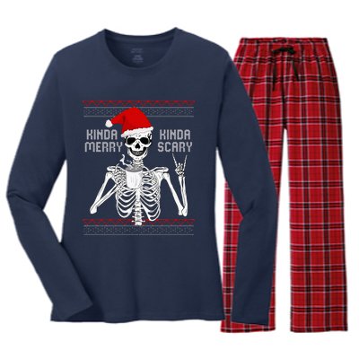 Kinda Merry Kinda Scary Ugly Christmas Sweater Skeleton Women's Long Sleeve Flannel Pajama Set 