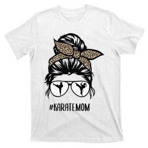 Karate Mom Leopard messy bun hair glasses T-Shirt