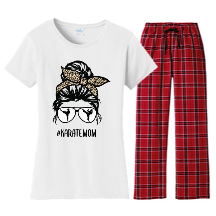 Karate Mom Leopard messy bun hair glasses Women's Flannel Pajama Set