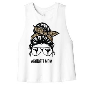 Karate Mom Leopard messy bun hair glasses Women's Racerback Cropped Tank