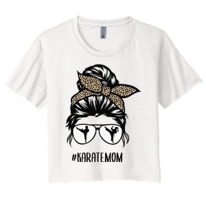 Karate Mom Leopard messy bun hair glasses Women's Crop Top Tee