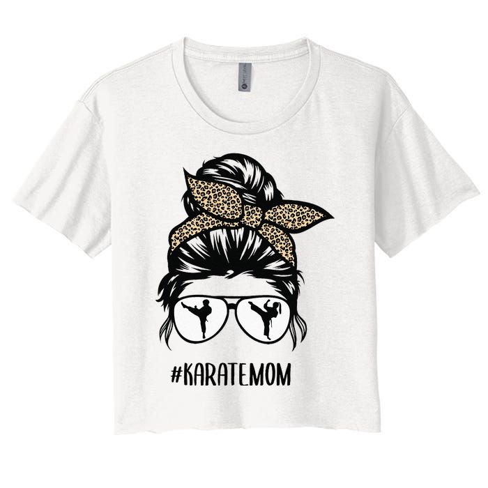 Karate Mom Leopard messy bun hair glasses Women's Crop Top Tee