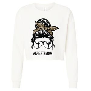 Karate Mom Leopard messy bun hair glasses Cropped Pullover Crew