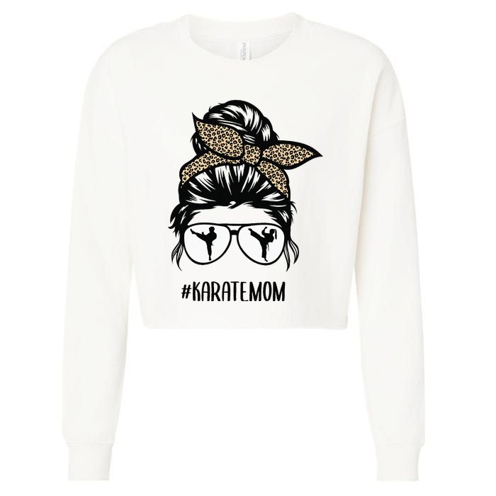 Karate Mom Leopard messy bun hair glasses Cropped Pullover Crew