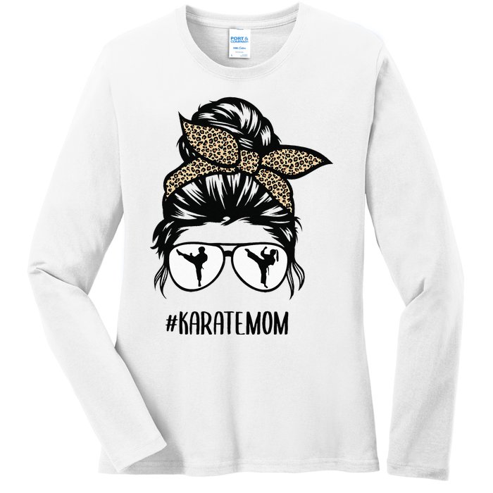 Karate Mom Leopard messy bun hair glasses Ladies Long Sleeve Shirt