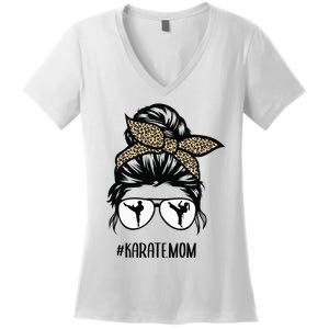 Karate Mom Leopard messy bun hair glasses Women's V-Neck T-Shirt